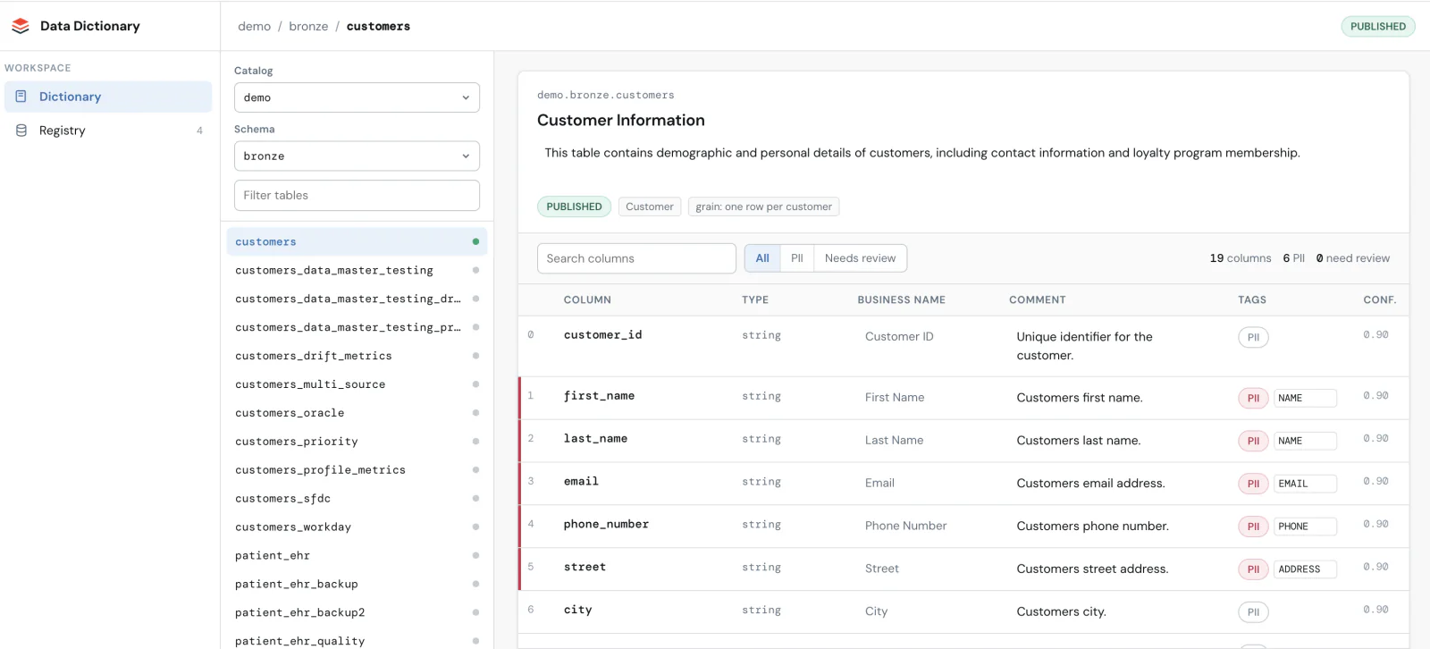 The Data Dictionary app showing the demo.bronze.customers table with column names, business names, comments and PII tags.