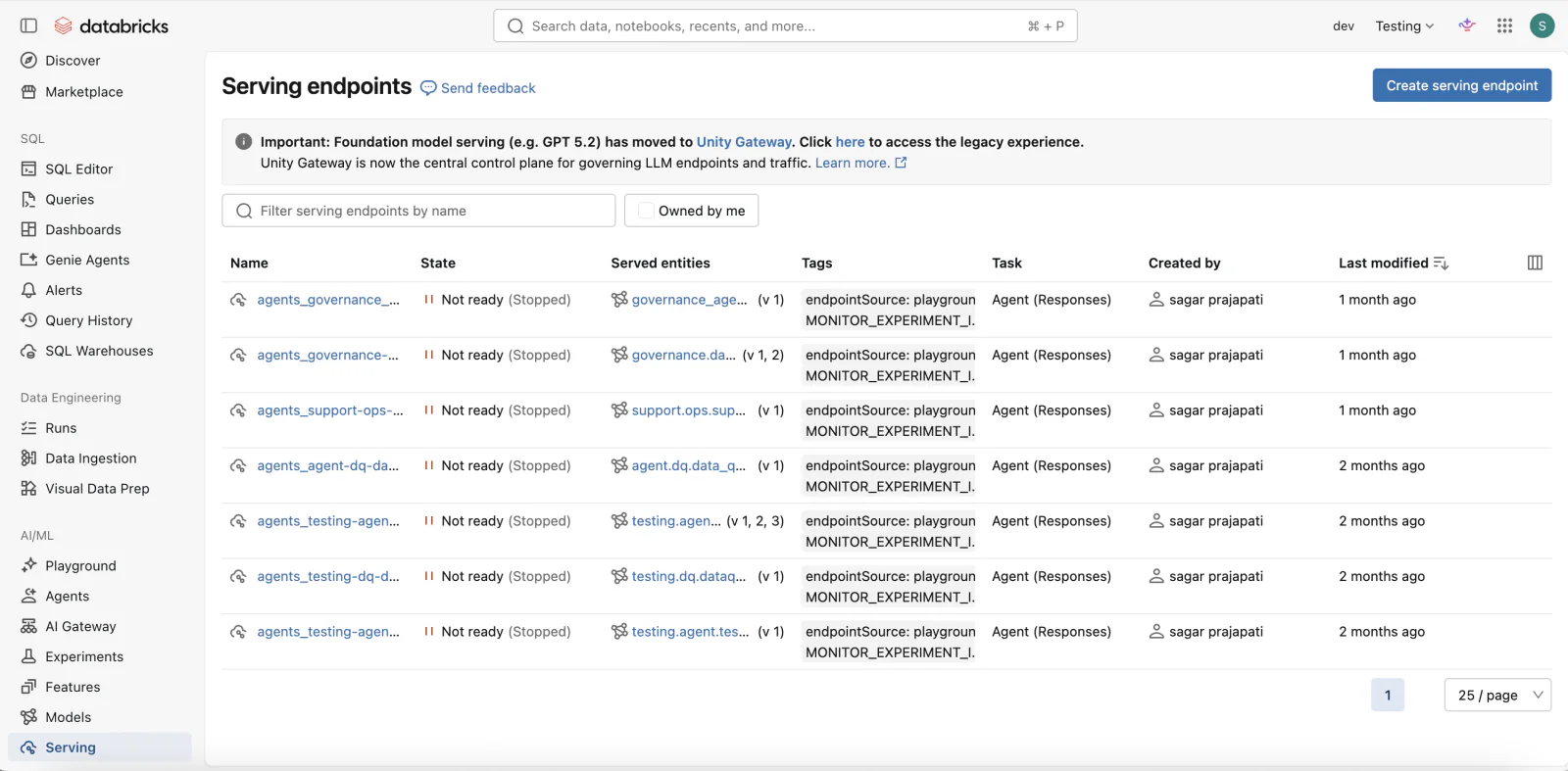 Databricks Serving endpoints page listing several agent endpoints with their state, served entities and owners.