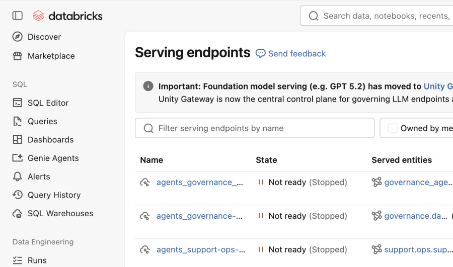 The Databricks workspace sidebar and the Serving endpoints page.